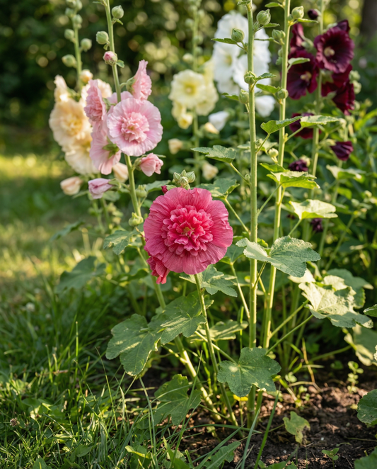 Malwa ogrodowa Doppia Multicolor (Alcea rosea) – wieloletnia mieszanka nasion od SeedsChoice